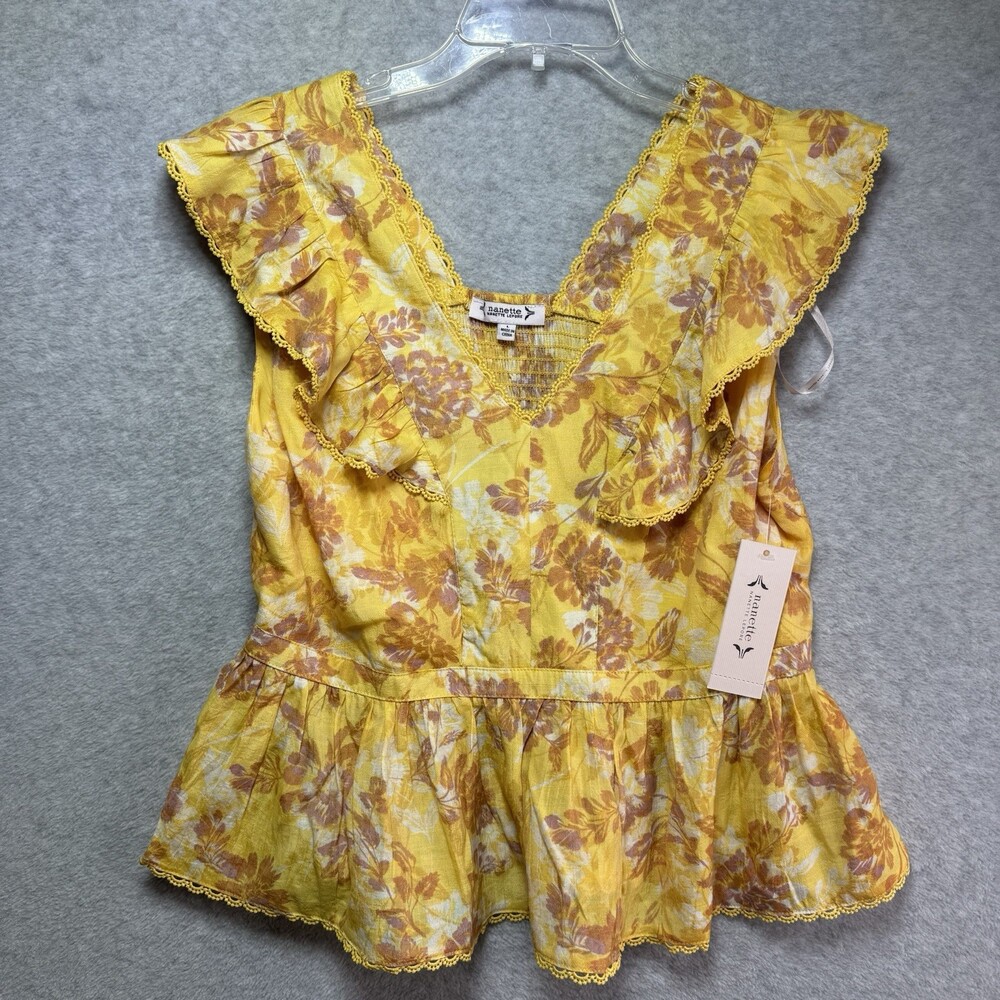 $58 NWT Nanette Lenore Yellow Top Ruffle Sleeve Blouse Peplum Floral Boho Hippie